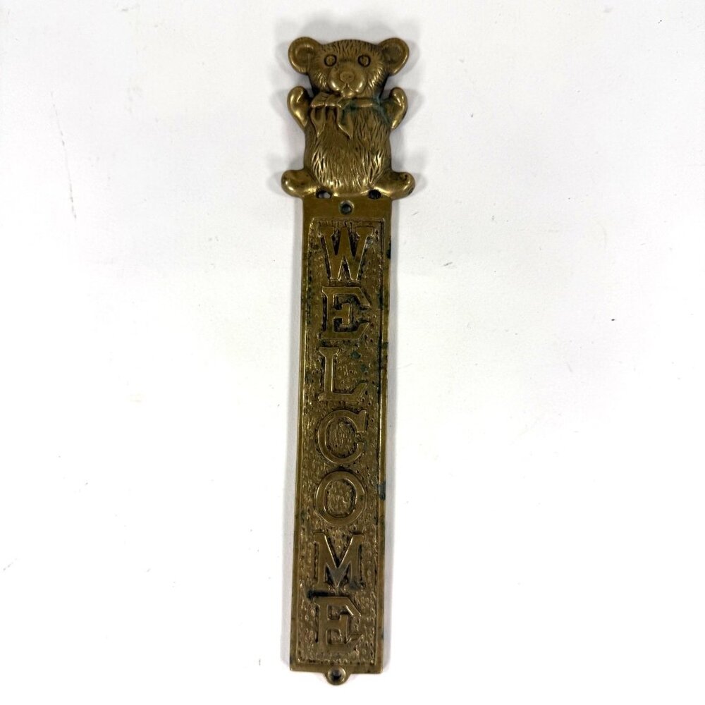 Vintage Solid Brass Teddy Bear WELCOME  Door Sign Wall Hanging 10.5"